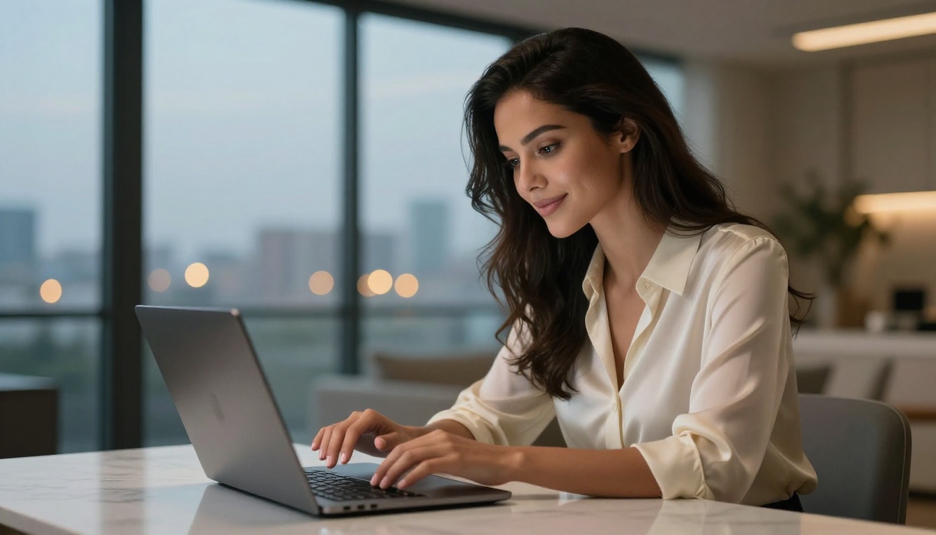 Woman with olive skin confidently using AI image tools at a sleek marble desk
