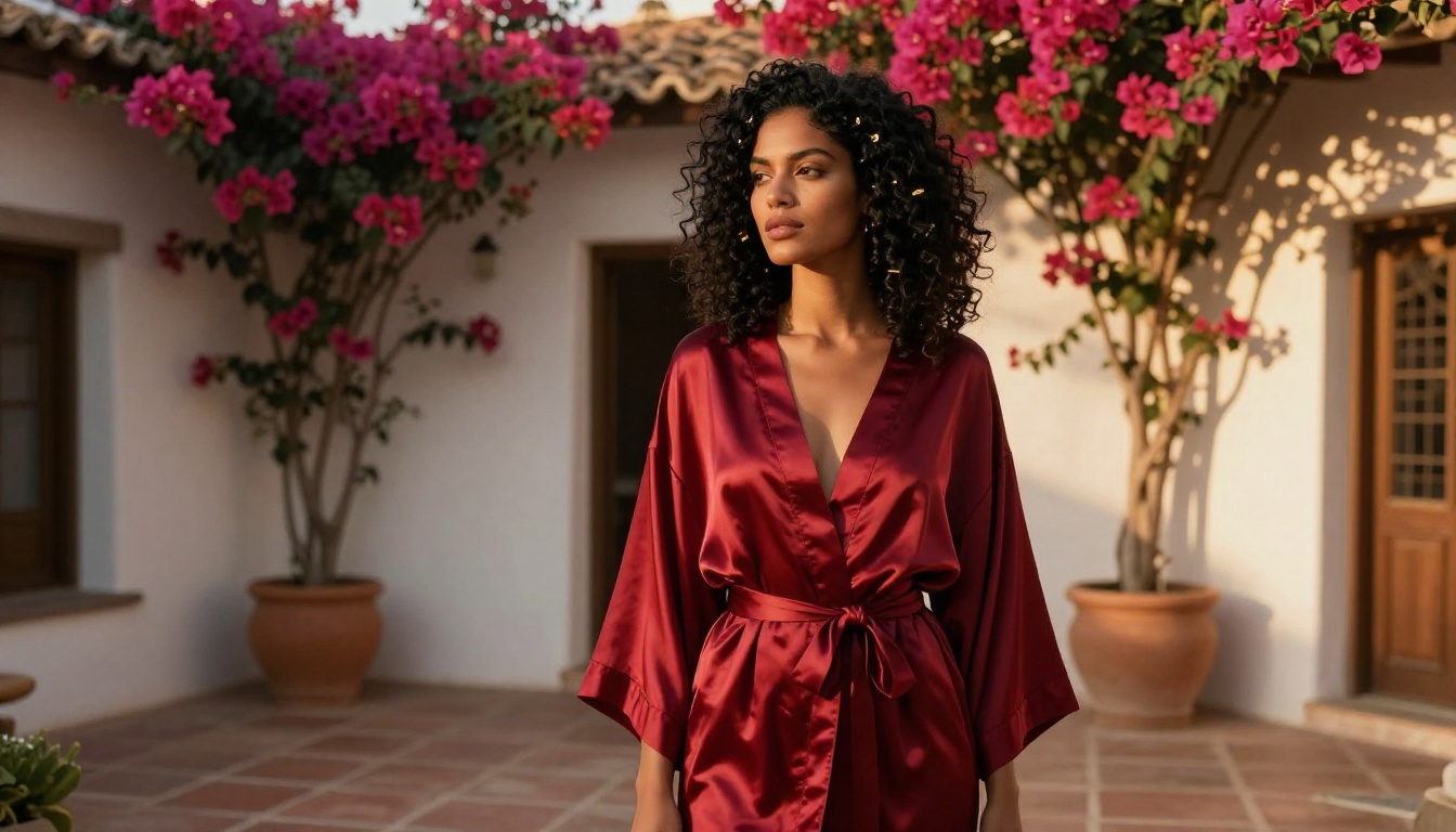 Beautiful Latina woman in crimson silk robe standing in sunlit Mediterranean courtyard with bougainvillea