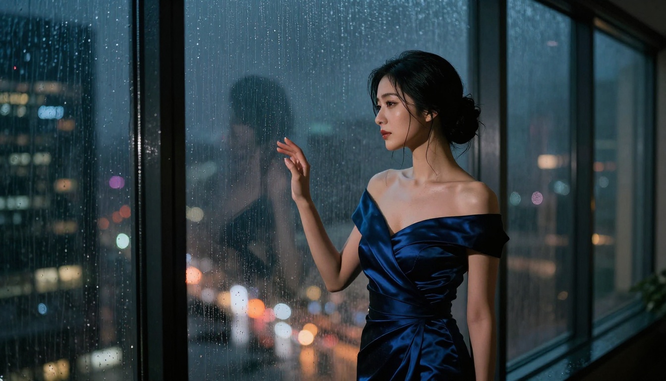 Beautiful Japanese woman in midnight blue silk gown at rain-streaked night window with city reflections