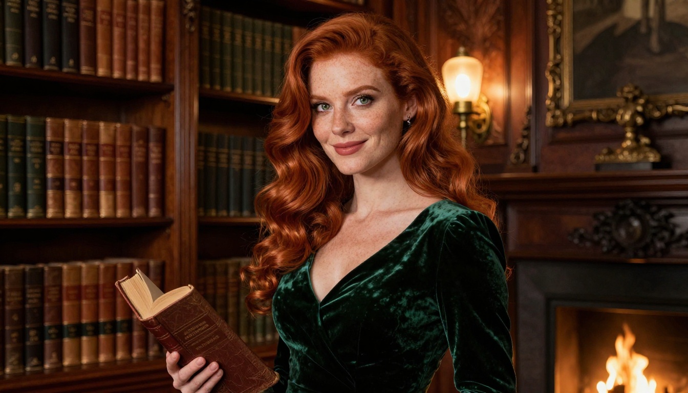 Stunning redhead European woman in forest green velvet gown in ornate Victorian library