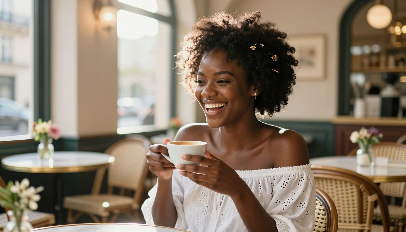 Beautiful African woman laughing joyfully in a bright Parisian café with morning sunlight streaming through windows