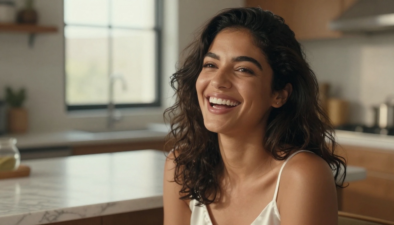Stunning Latina woman laughing naturally at a marble counter in warm golden afternoon light, representing joyful simplicity in AI companion tools