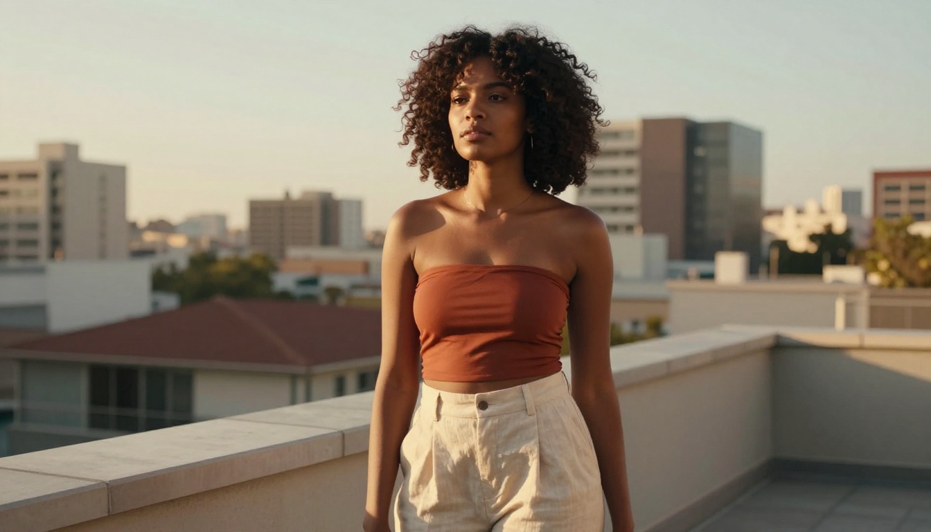 Tall confident African woman on a sun-drenched rooftop with golden rim light and blurred city skyline, representing the diverse character roster available on Private Crush