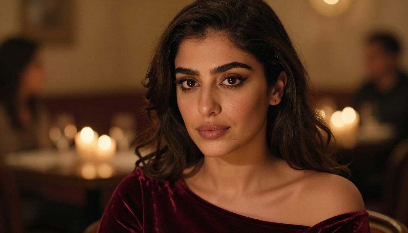 Middle Eastern woman with striking dark eyes at a candlelit restaurant, warm amber bokeh in background, representing the intimate and visually rich AI companion experience