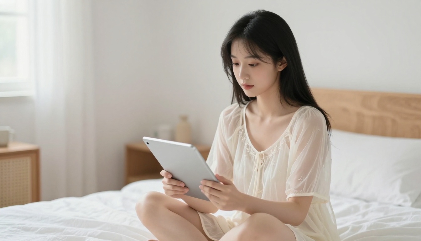 A woman browsing an AI image platform on her tablet in a bright minimalist bedroom