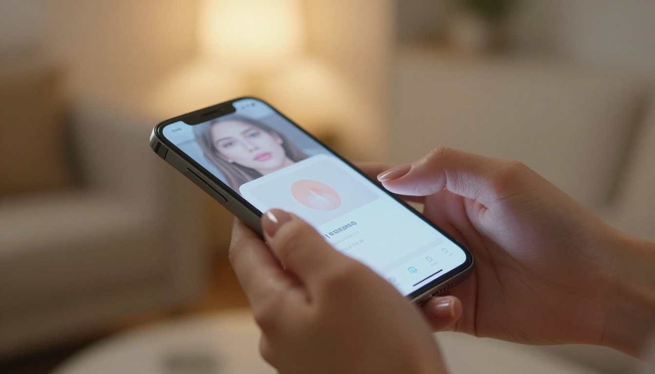Feminine hands holding a smartphone with glowing interface, warm living room blurred behind, representing how simple modern AI tools are to access on any device