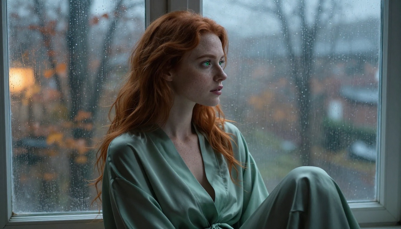 Striking redhead woman in a sage green silk robe sitting beside a rain-streaked window in moody autumn light, representing emotional depth and intimacy in AI companion experiences