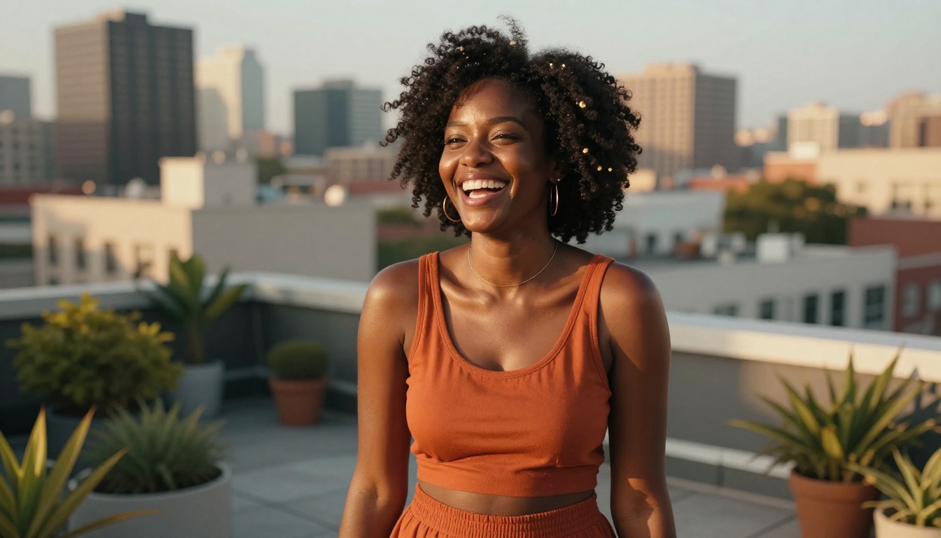 A gorgeous African woman with natural afro hair in a rust-orange crop set laughing on a rooftop in golden afternoon light