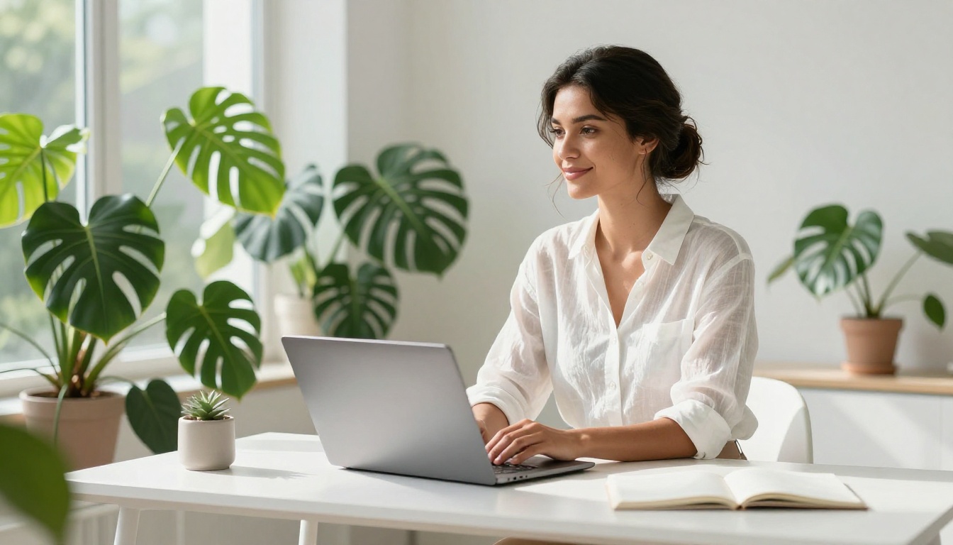 Sophisticated woman with natural hair in a loose bun at a minimalist white desk with morning sunlight flooding the room, representing how accessible and clean modern AI tools can be