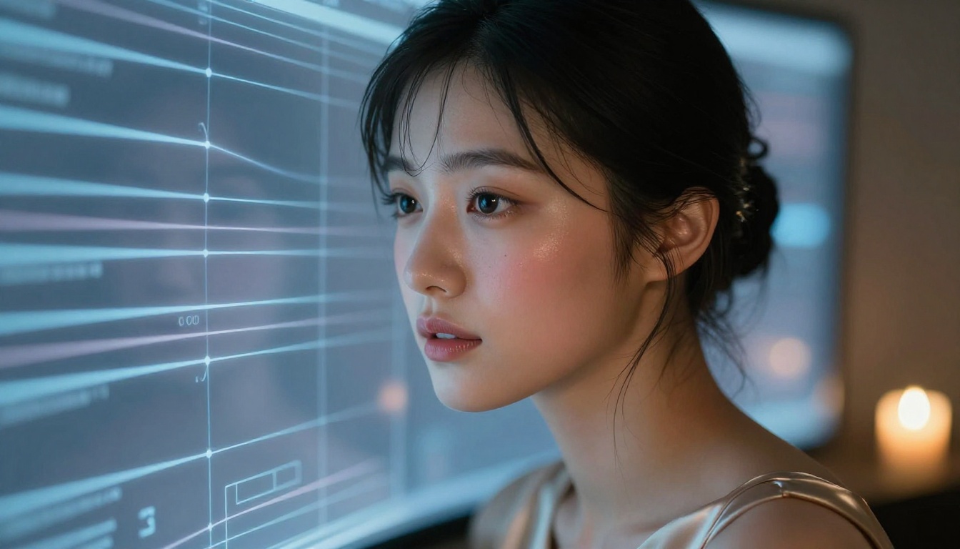 AI companion with screen glow reflecting on her face
