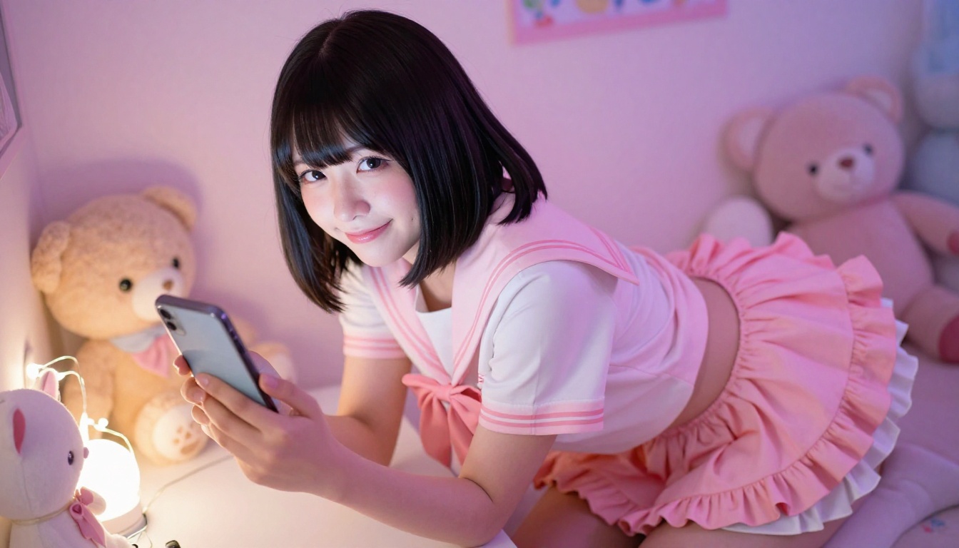 A playful Japanese woman in a pastel pink anime-inspired sailor outfit at a cozy kawaii desk with fairy lights
