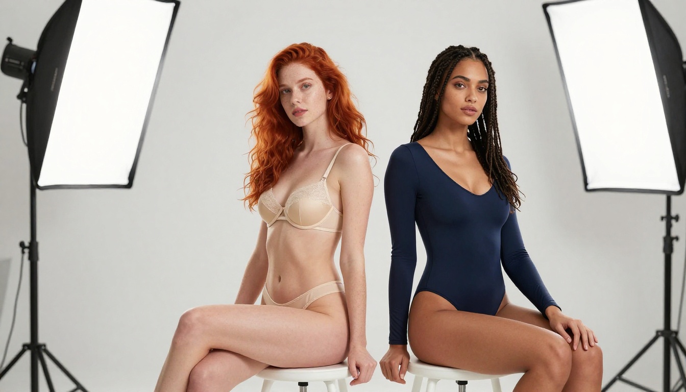 Two women in a bright photography studio side by side, one with red hair in champagne lingerie and one with dark braids in a navy bodysuit