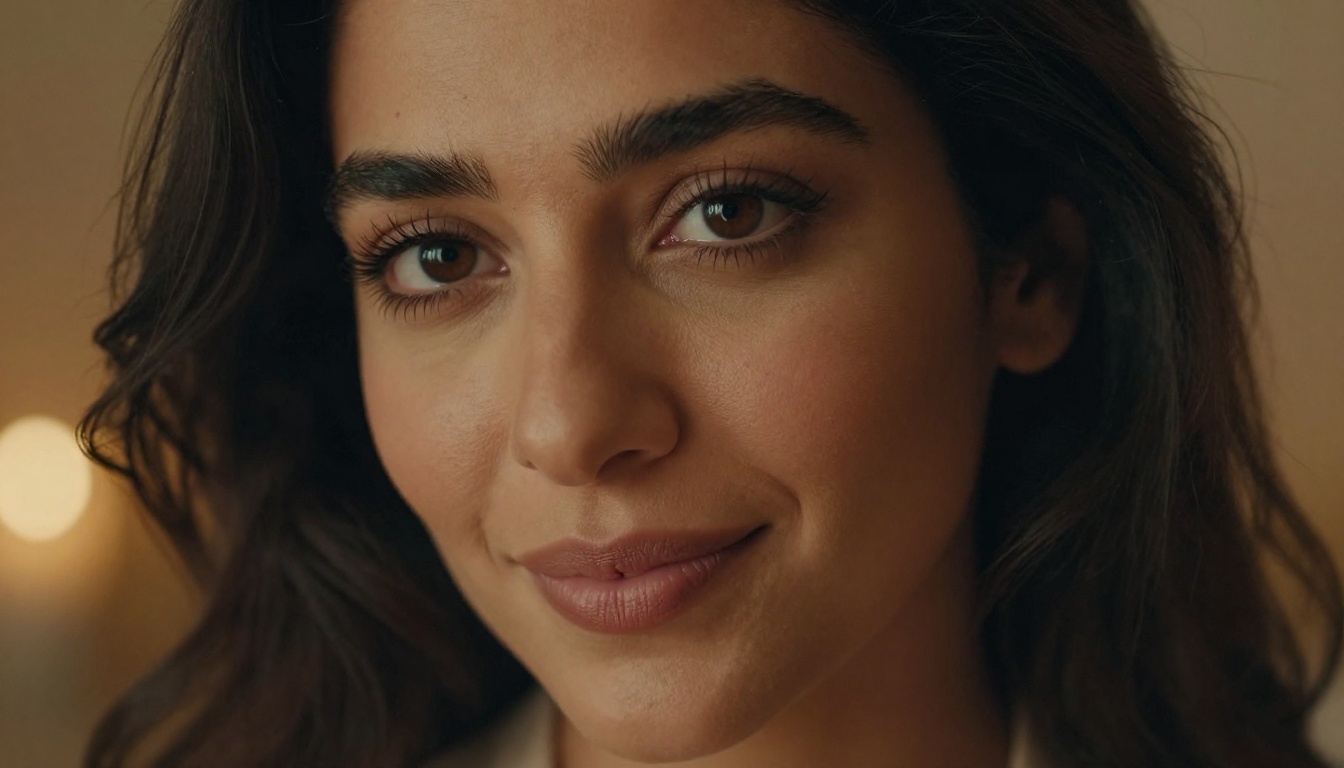 Intimate beauty portrait of a Middle Eastern AI companion, candlelit warm amber atmosphere, ultra-detailed close-up