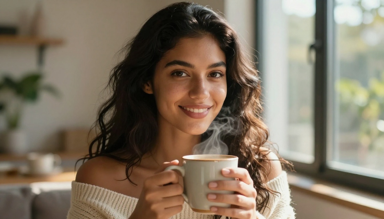 A stunning young Latina woman with warm brown skin and dark wavy hair holding a coffee mug by a sunlit window, wearing an off-shoulder cream sweater, close-up photorealistic portrait
