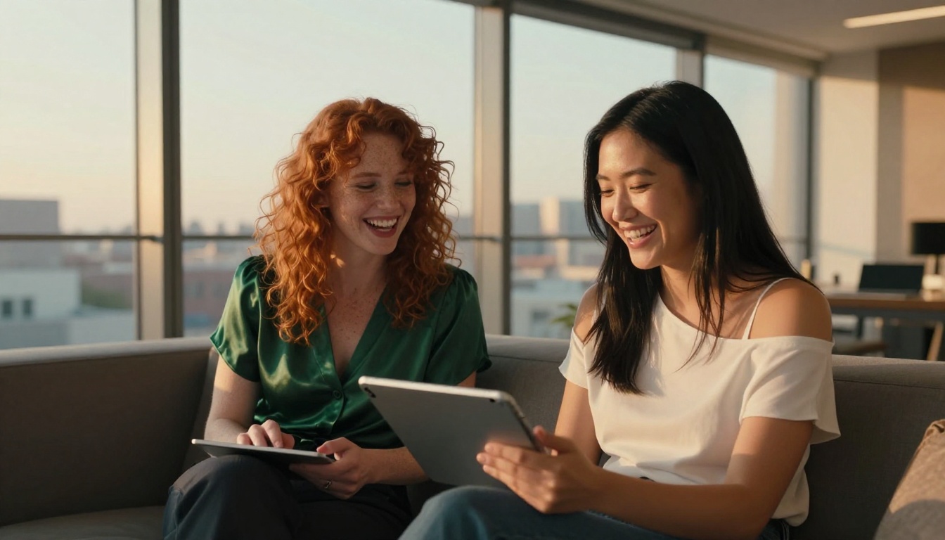 Two AI companion characters sharing a candid moment on a modern sofa, golden hour urban backdrop