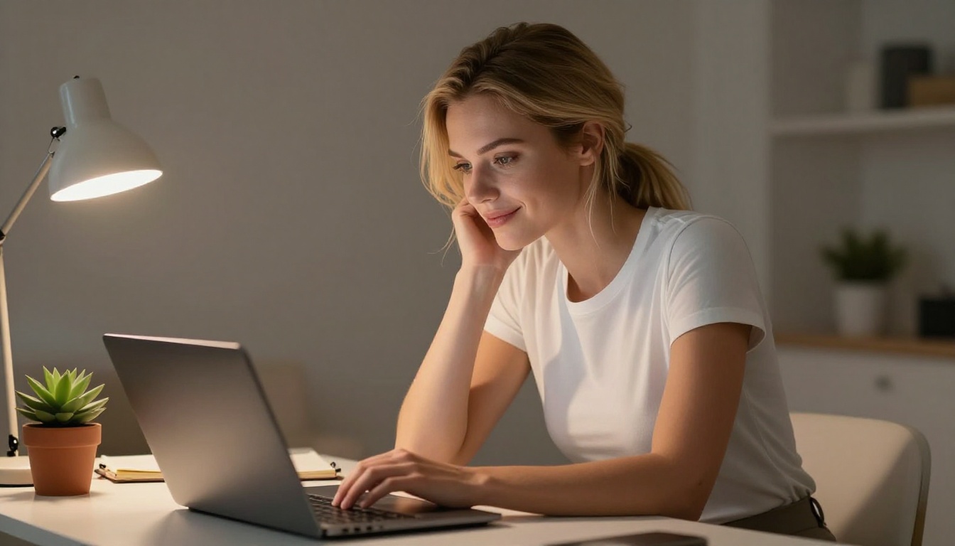 An attractive European woman with loosely pulled-back blonde hair sitting at a minimal desk with a laptop and warm directional studio light, focused gentle smile, fine skin texture, natural photorealistic portrait