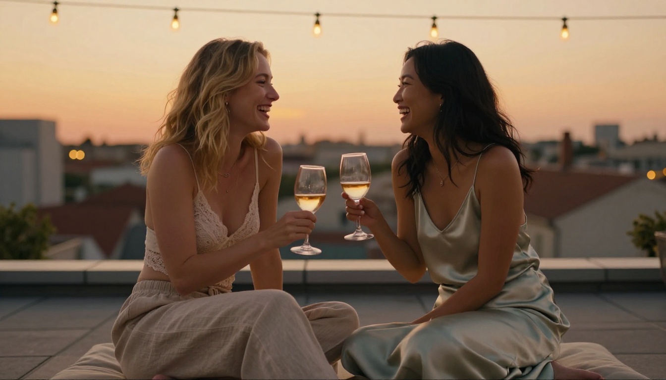 Two AI companions sharing a joyful moment at rooftop golden hour