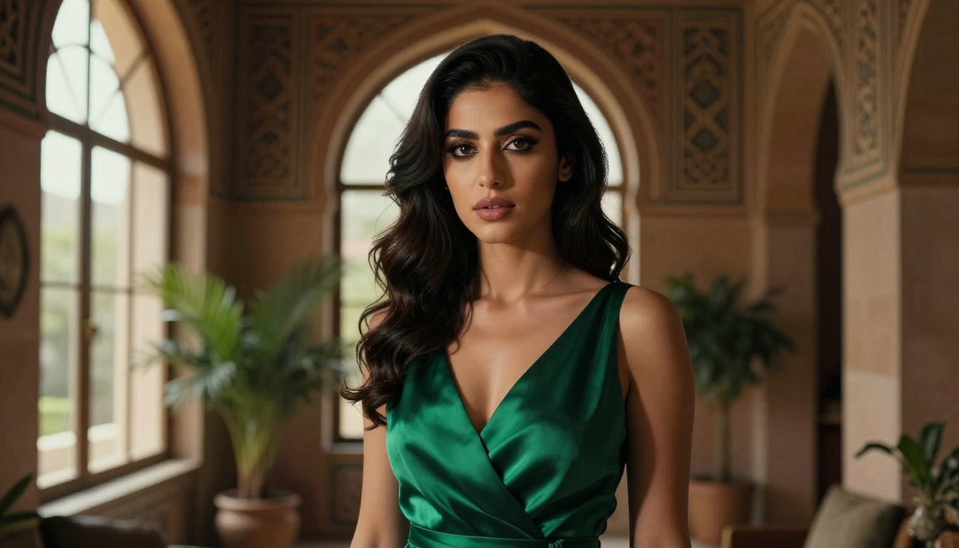 A stunning Middle Eastern woman in an elegant emerald green silk dress standing near a large arched stone window, strong dramatic side lighting, deep soulful dark eyes making direct contact, editorial cinematic photography