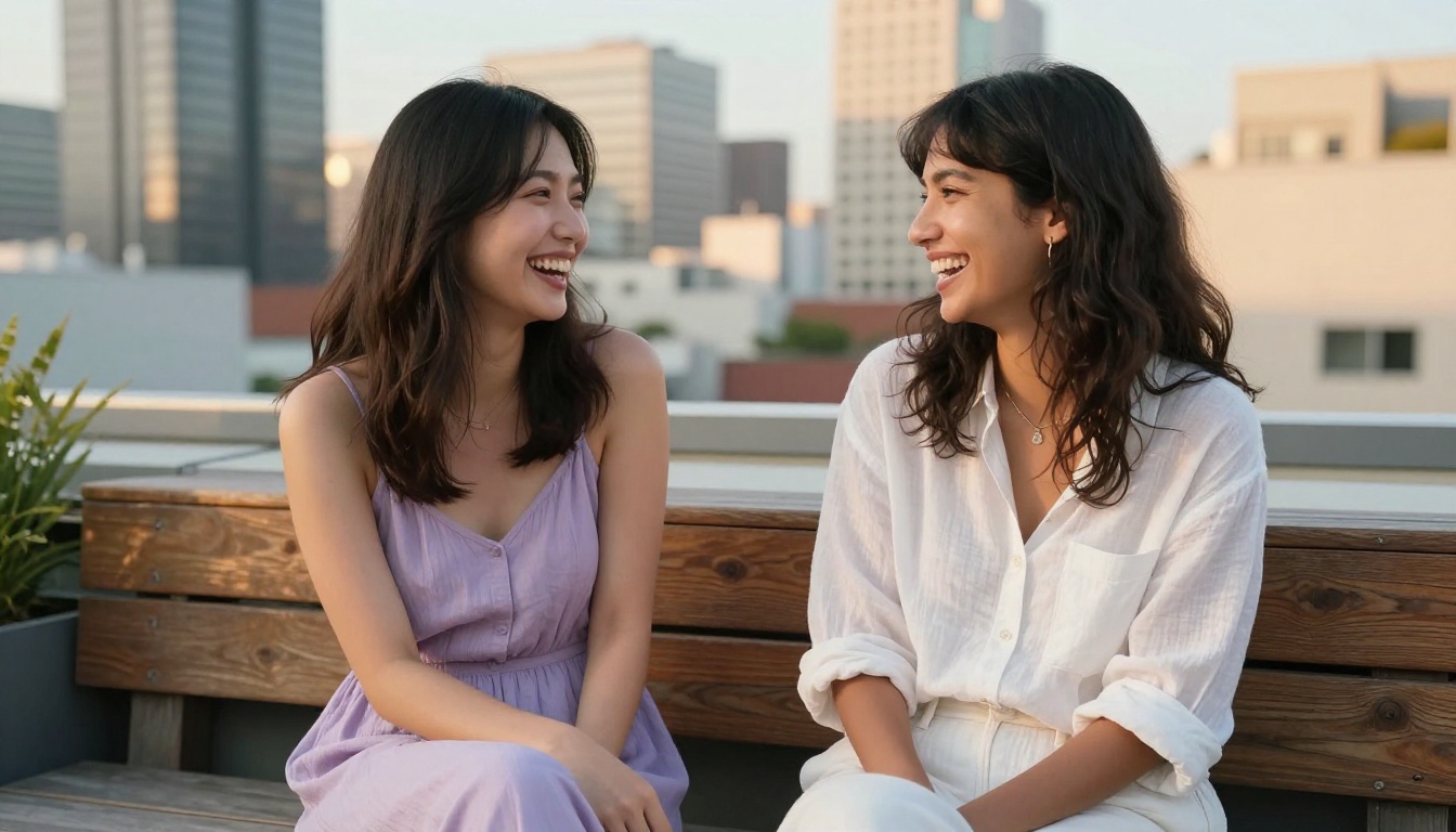 Two beautiful young women laughing together on a sunny rooftop terrace, genuine joy and warmth, one in pastel lavender sundress and one in white linen, soft blurred city skyline bokeh in the warm afternoon background