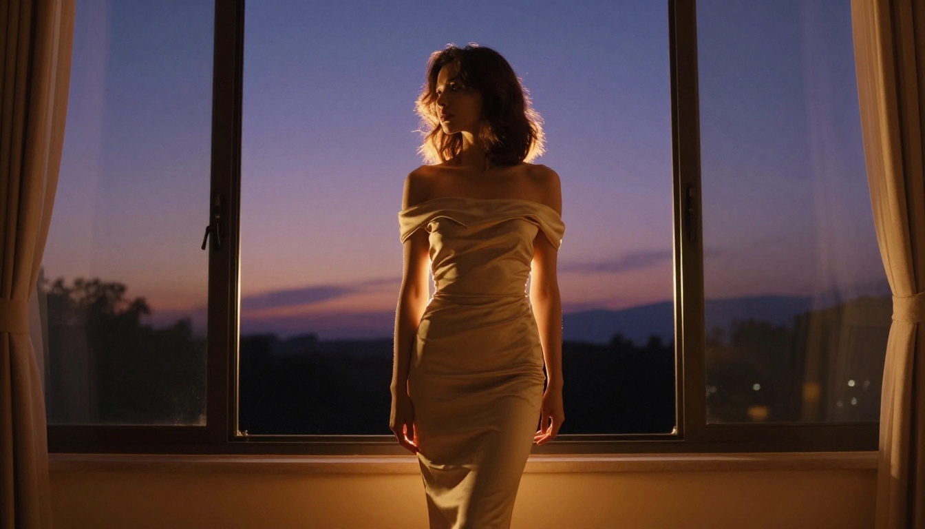A beautiful woman in silhouette standing at floor-to-ceiling windows at twilight, warm amber interior lamp light contrasting with cool deep violet sky outside, elegant off-shoulder dress, cinematic natural rim lighting defining her figure