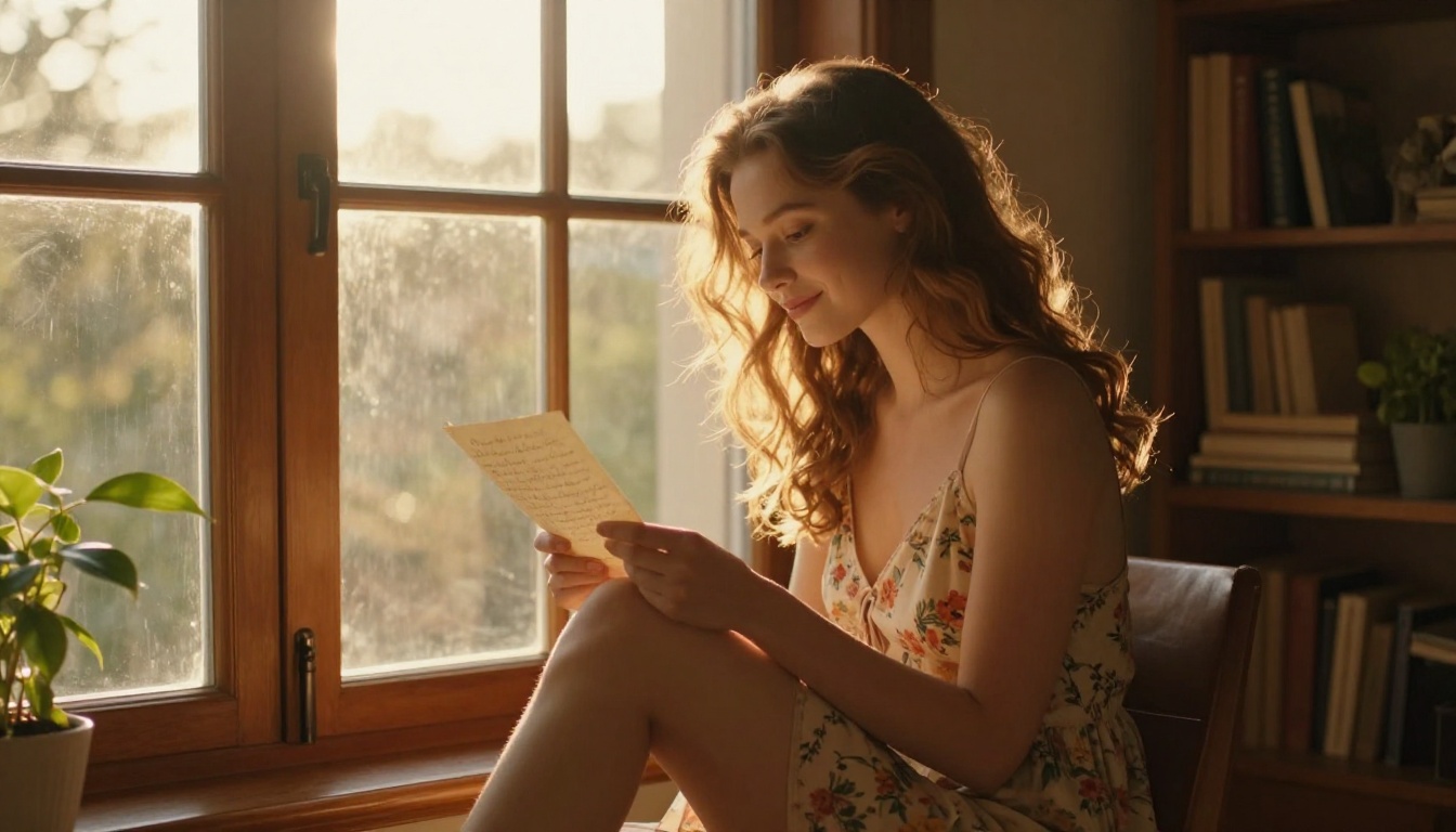 A beautiful young woman sitting by a wide wooden window reading a handwritten letter with a soft emotional smile, flowing chestnut hair catching warm afternoon rim light, delicate floral summer dress, warm intimate room with bookshelves and plants in the background