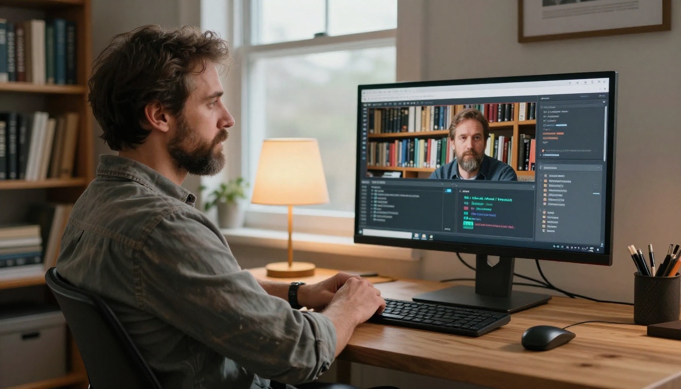 A bearded man in a home office leaning back in his chair, evaluating an AI comparison on his monitor A bearded man in a home office leaning back in his chair, evaluating an AI comparison on his monitor