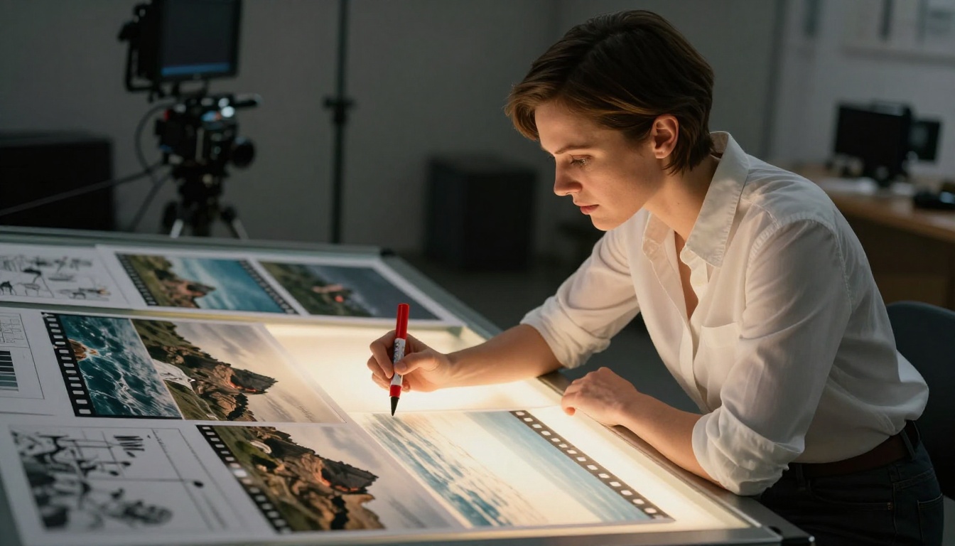 Cinematographer studying AI-generated film stills on a light table Cinematographer studying AI-generated film stills on a light table
