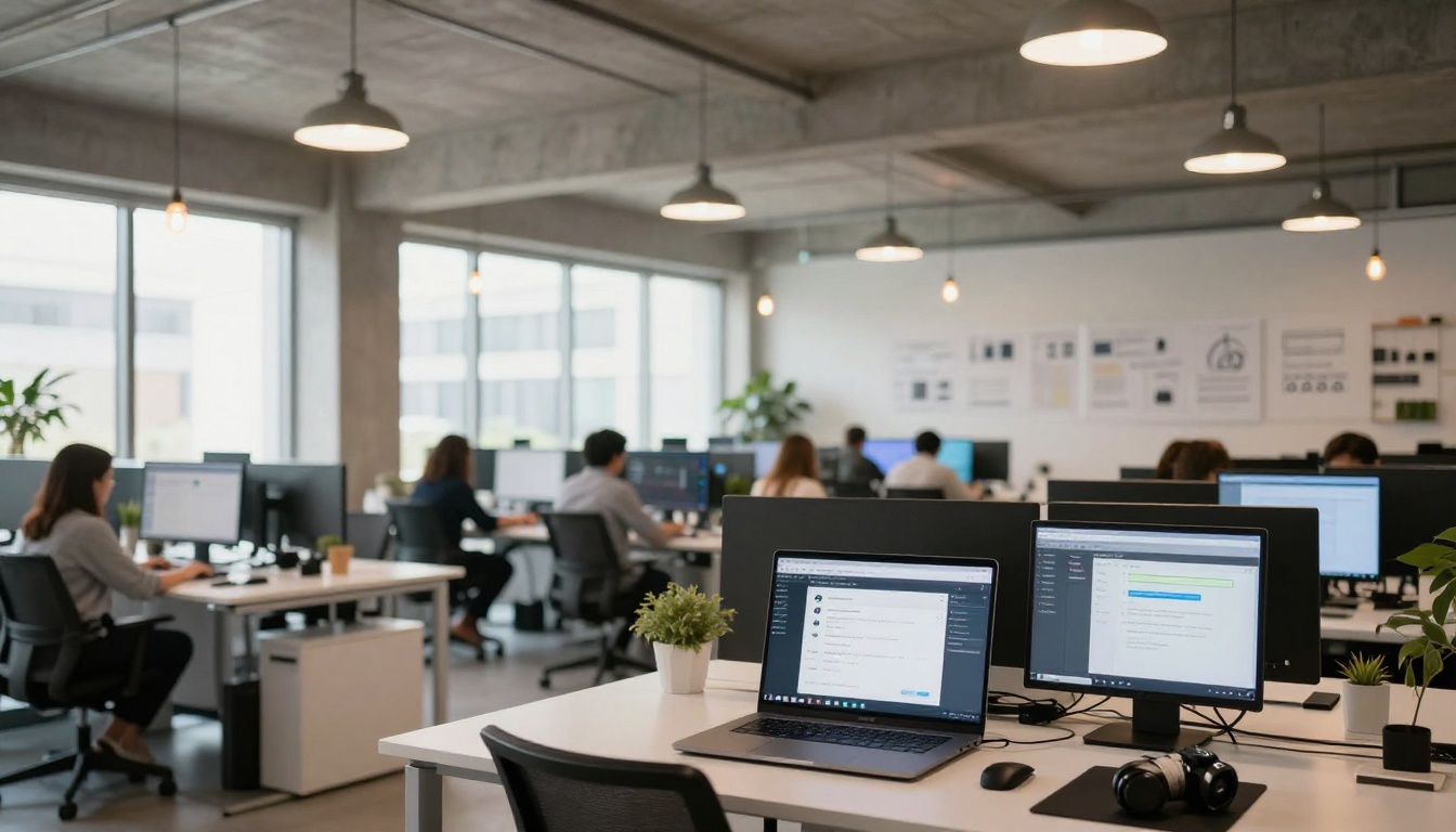 Wide shot of a modern tech startup office with developers at dual-monitor workstations Wide shot of a modern tech startup office with developers at dual-monitor workstations