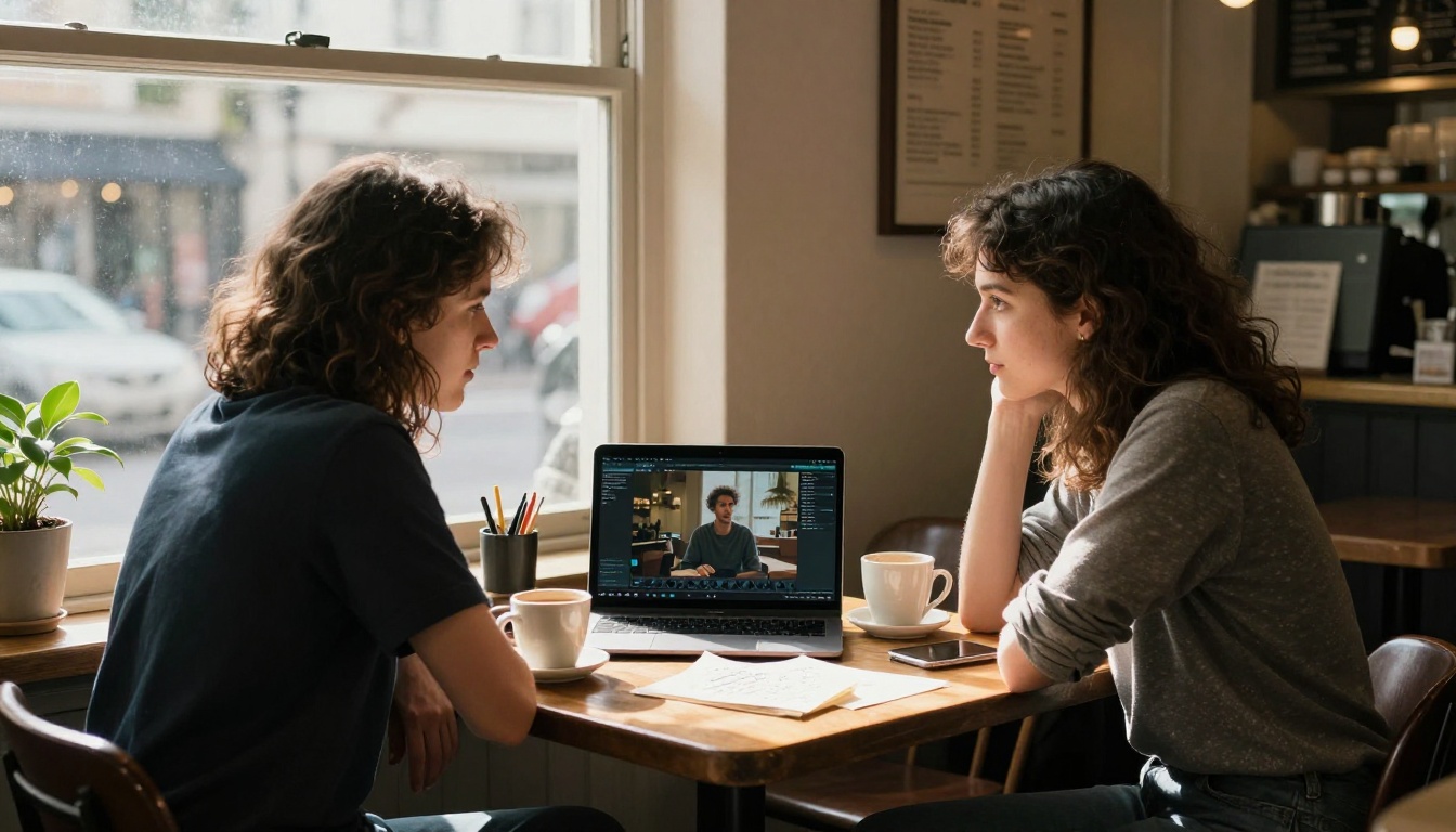 Two screenwriters collaborating with AI video tools in a coffee shop Two screenwriters collaborating with AI video tools in a coffee shop