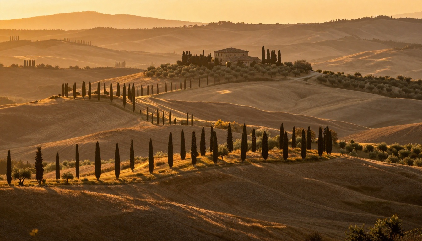 Golden hour landscape of rolling Tuscany hills with cypress trees and ancient stone villa