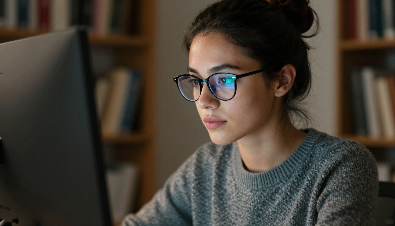 Close-up portrait of a woman developer reading text on her monitor, glasses reflecting the screen glow Close-up portrait of a woman developer reading text on her monitor, glasses reflecting the screen glow