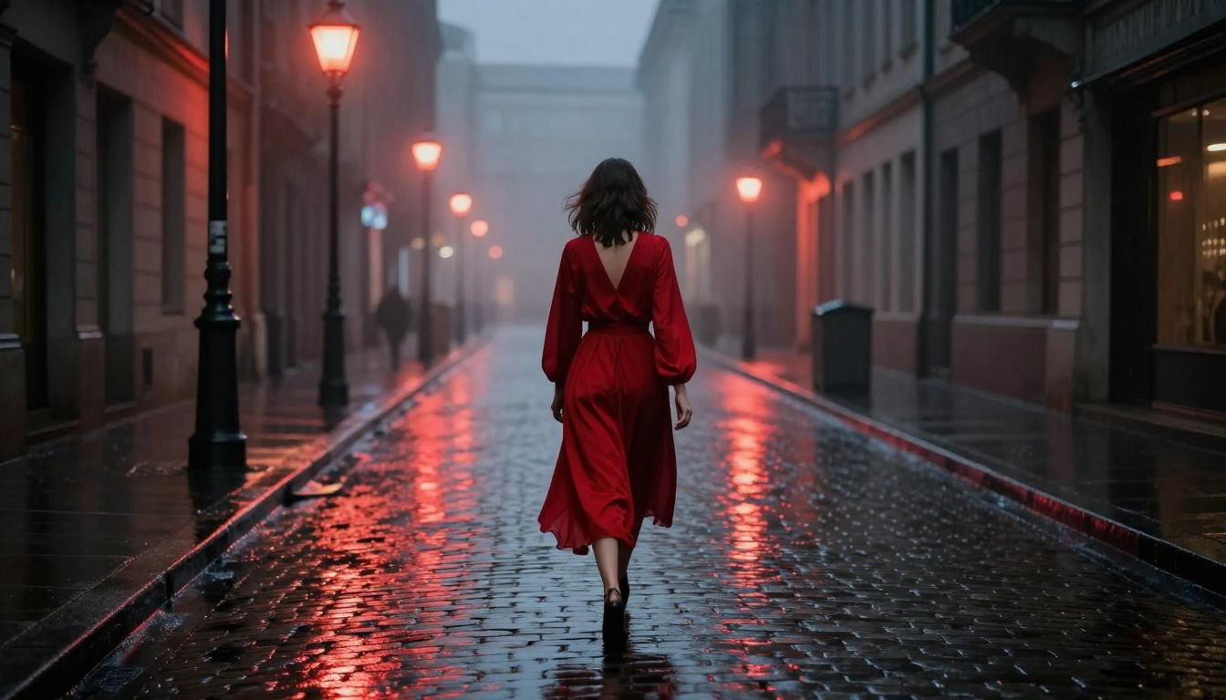 A woman in a red dress on a rain-slicked cinematic street at night A woman in a red dress on a rain-slicked cinematic street at night