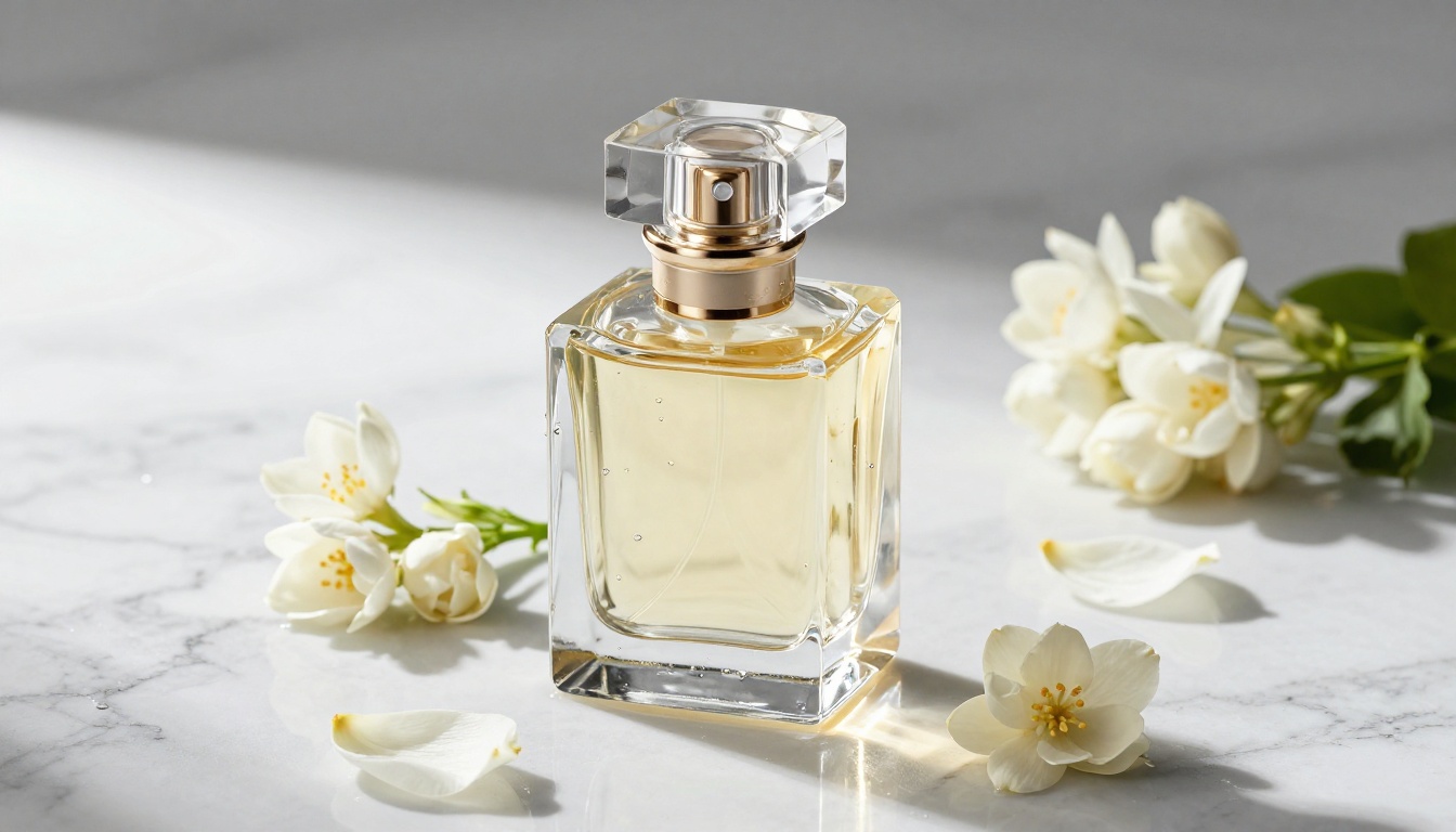 Luxury glass perfume bottle on white Carrara marble with scattered jasmine flowers and studio lighting