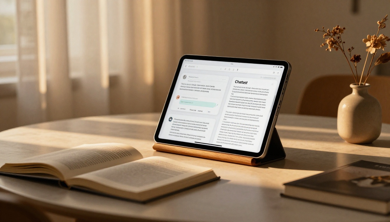 A sleek tablet propped on a wooden stand with warm evening sunlight streaming through sheer curtains A sleek tablet propped on a wooden stand with warm evening sunlight streaming through sheer curtains