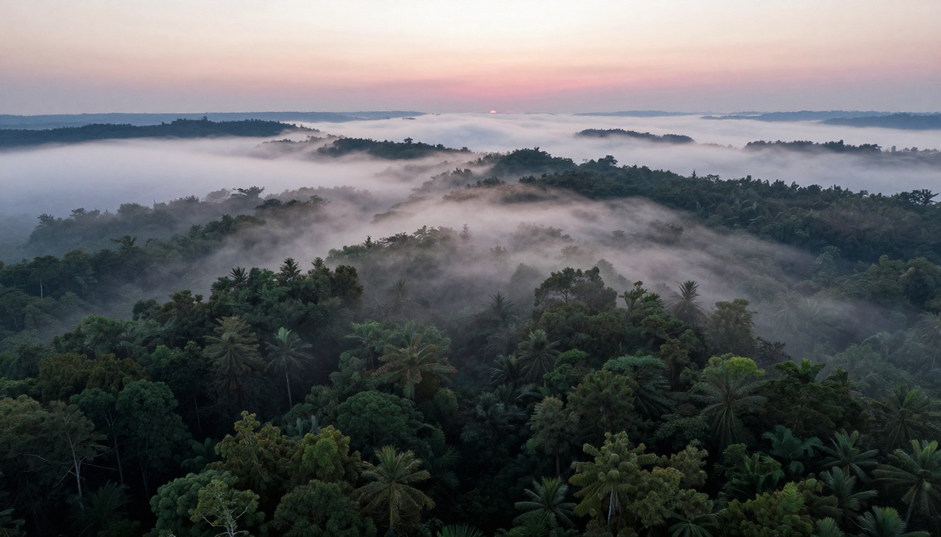 Aerial shot of ancient forest canopy at pre-dawn with rolling mist Aerial shot of ancient forest canopy at pre-dawn with rolling mist