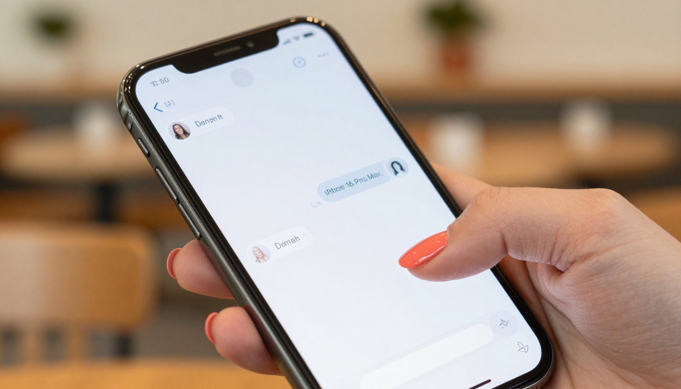 Smartphone held by woman in cafe showing clean AI chat interface with message bubbles