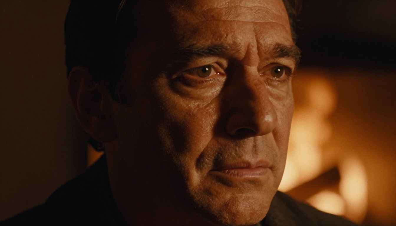 Actor's face in dramatic firelight, intense emotional expression