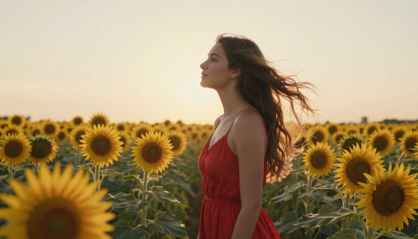 Young woman in a red summer dress standing in a sunflower field, animated from a still photo Young woman in a red summer dress standing in a sunflower field, animated from a still photo