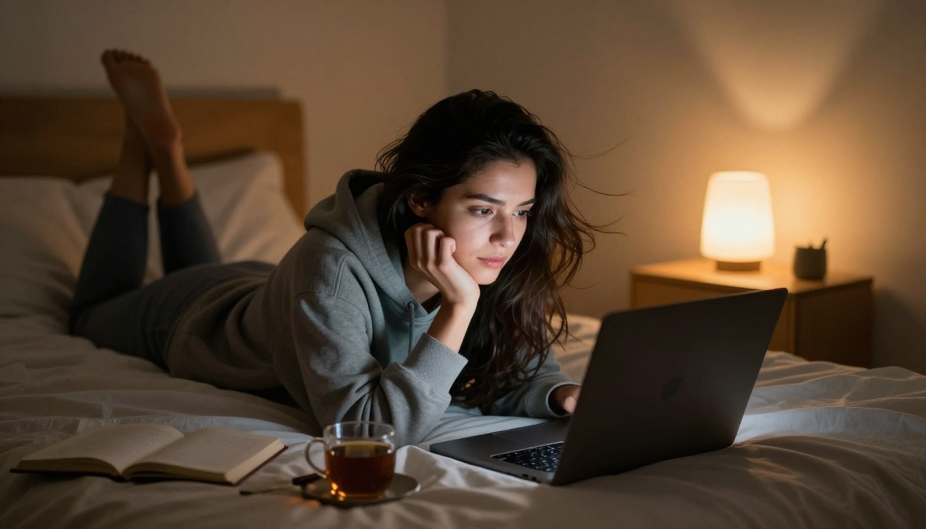 Young woman lying on bed at night with laptop open, warm lamplight, thoughtful expression