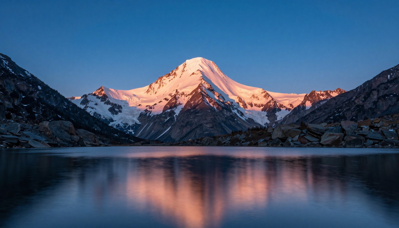 Dramatic snow-capped mountain at blue hour reflected in a still alpine lake below