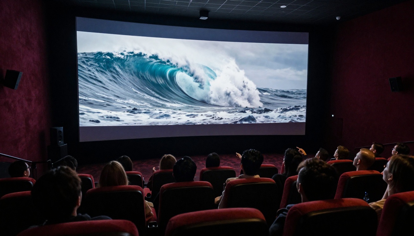 A production team watching AI-generated movie in a professional screening room
