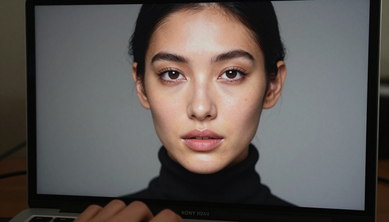 Photorealistic AI-generated portrait displayed on high-resolution monitor with real hands blurred on keyboard in foreground