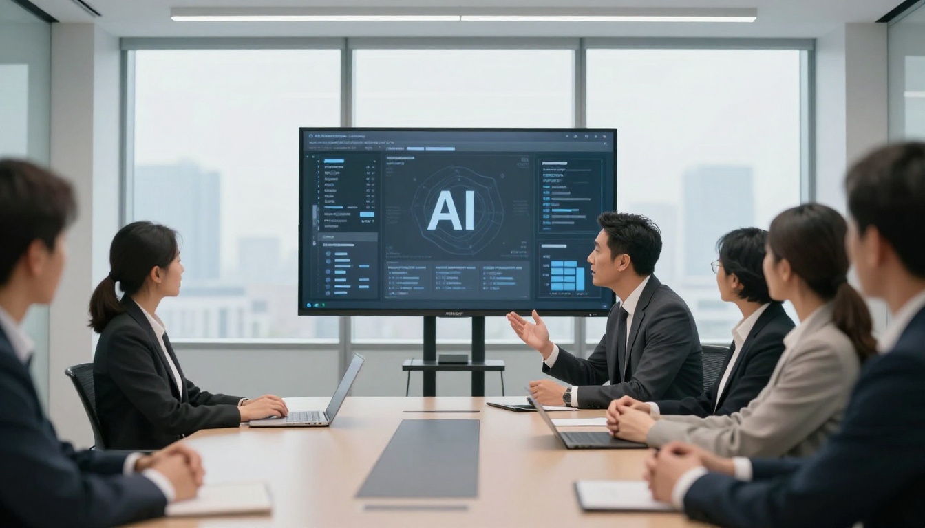 Professional man in blazer presenting AI capabilities to colleagues in a boardroom setting
