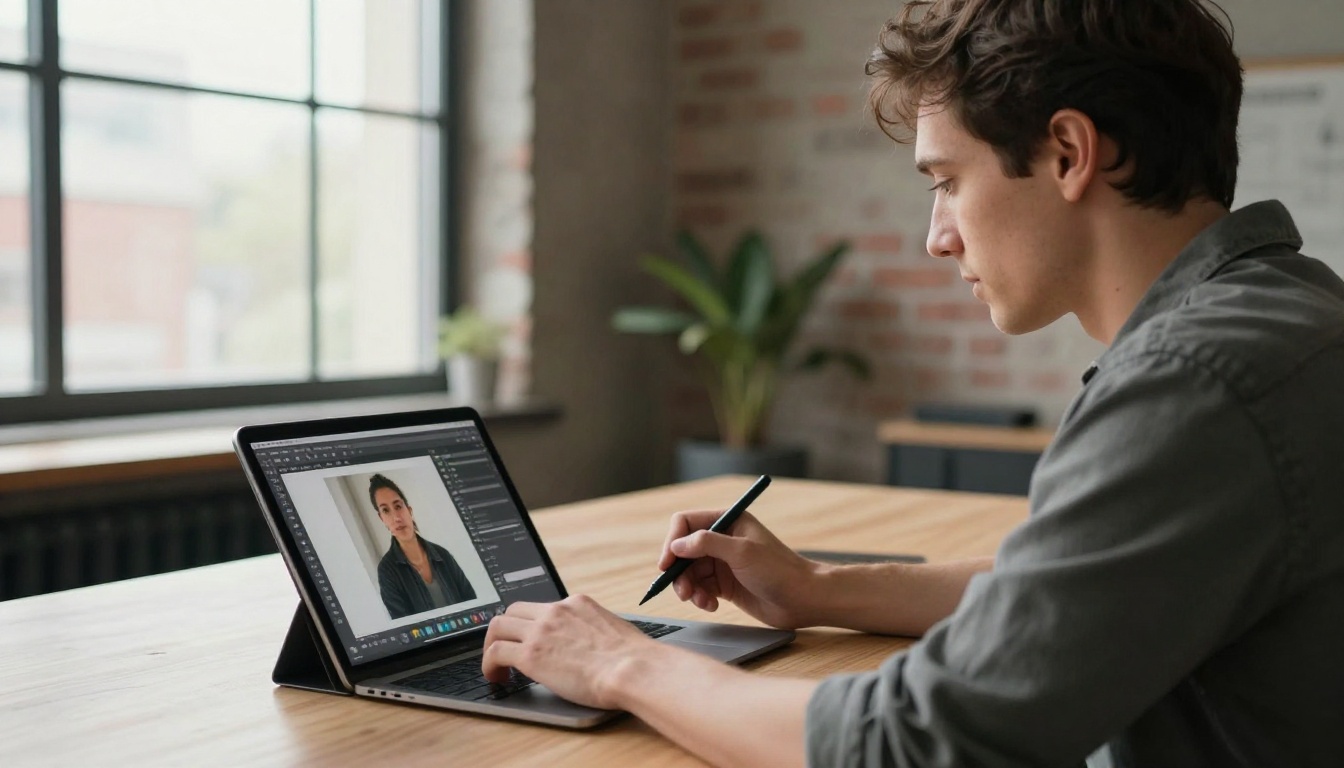 Creative professional using a large tablet to compare photo input and video output side by side in a loft workspace Creative professional using a large tablet to compare photo input and video output side by side in a loft workspace