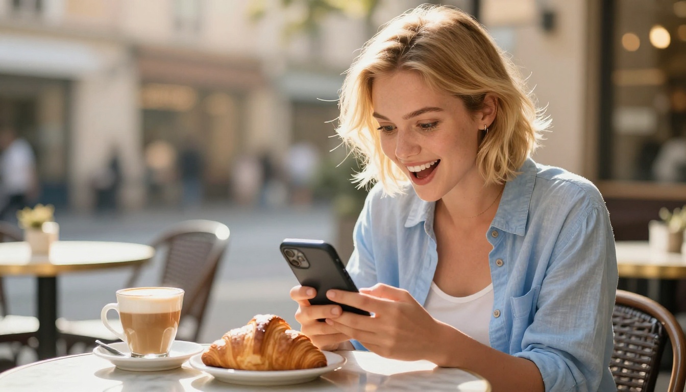 Woman at sunlit cafe terrace delighted by AI art on smartphone