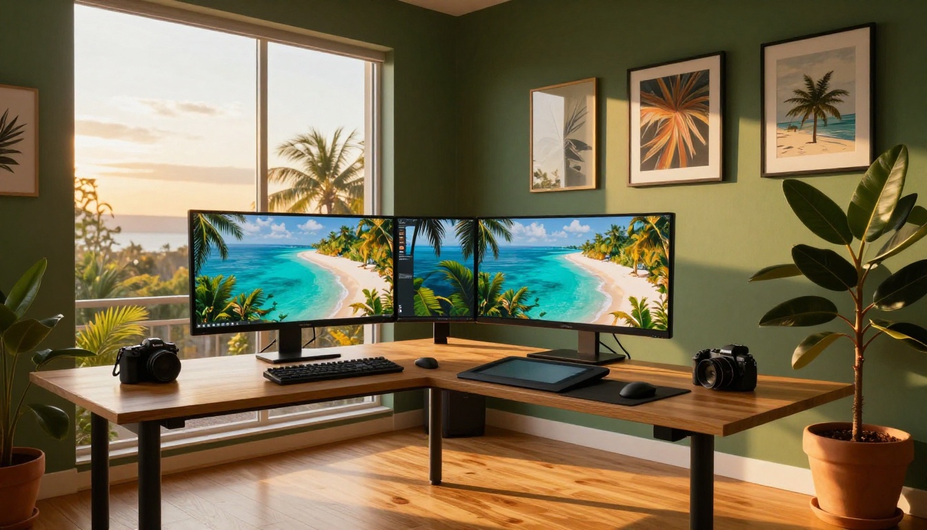 Golden-hour creative workspace with ultrawide monitor displaying AI-generated tropical beach in extraordinary photorealistic detail