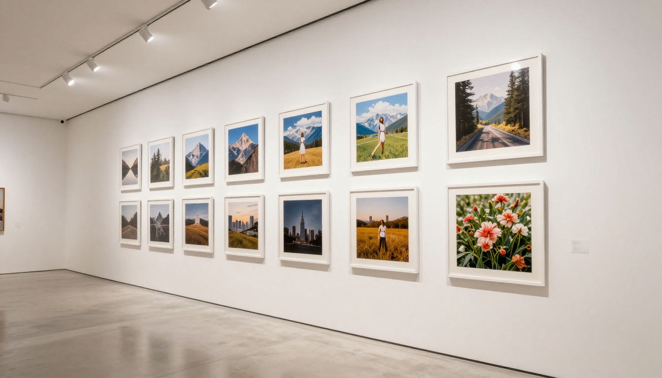 Framed photorealistic AI-generated artworks on a modern gallery wall