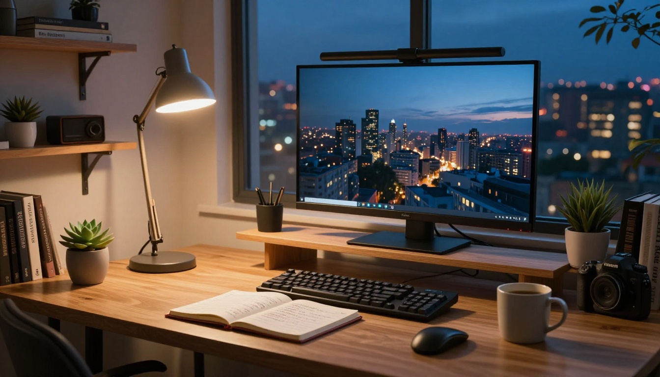Modern home office at dusk with warm desk lamp, ultrawide monitor, notebook and city lights visible through window