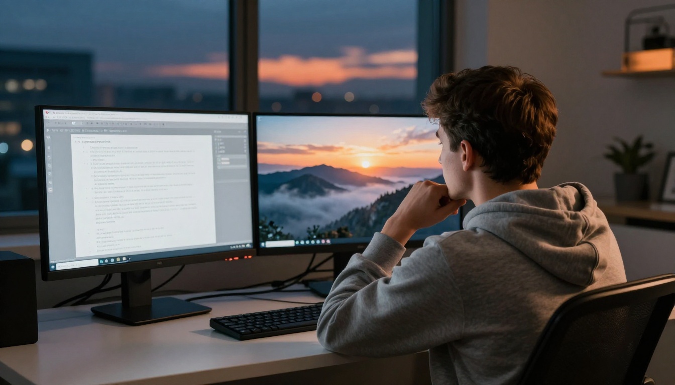 Over-the-shoulder view of person at dual monitor setup with prompt on left and resulting photorealistic landscape on right