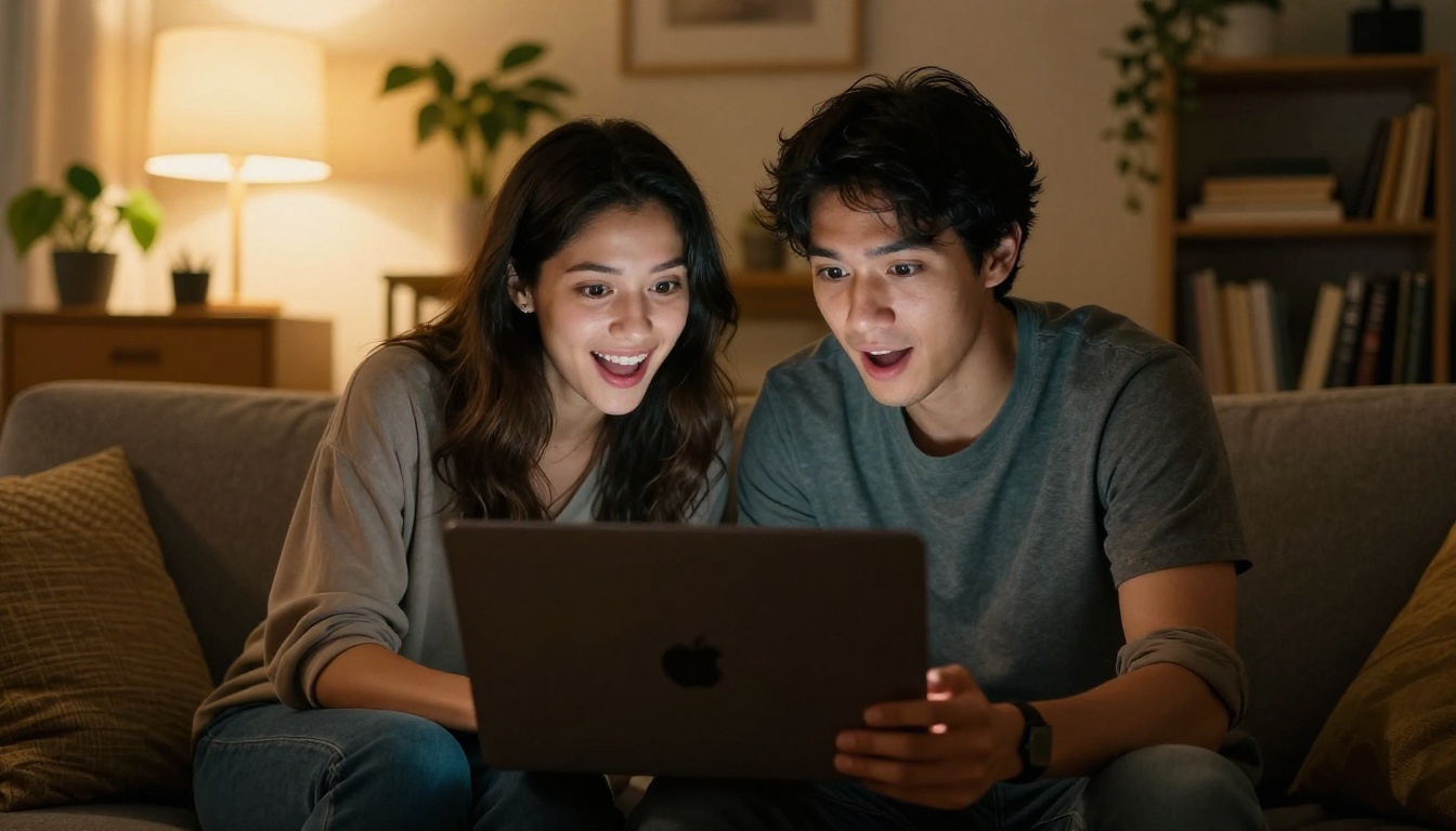 Two friends on a couch excited about AI-generated images on a laptop